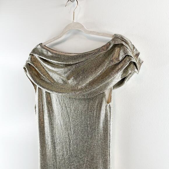 Rachel Roy Asymmetrical Off Shoulder Maxi Slit Gown Dress Gold Metallic 6 - Picture 8 of 13